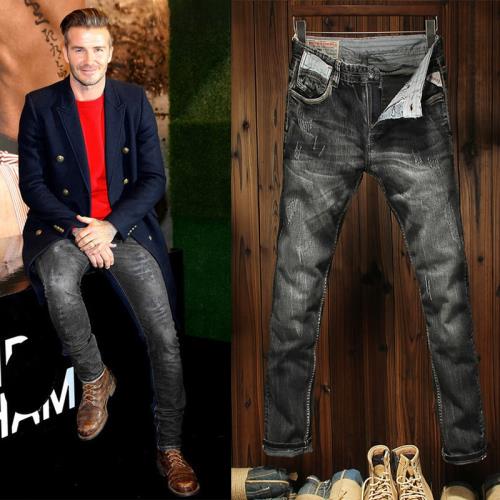 新品春秋高端明星同款黑灰色牛仔褲男百搭休閑長褲修身小腳彈力潮