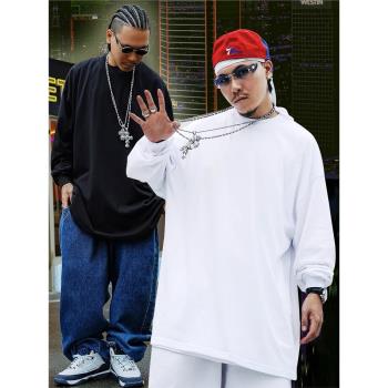 經典OldSchool黑白長袖圓領T恤男寬松大碼HipHop街舞說唱嘻哈Bboy