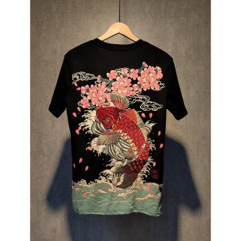 中國風錦鯉刺繡短袖浮世繪櫻花