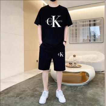 夏季新款CK男士休閑運動套裝純棉短袖T恤男透氣大碼五分褲短褲