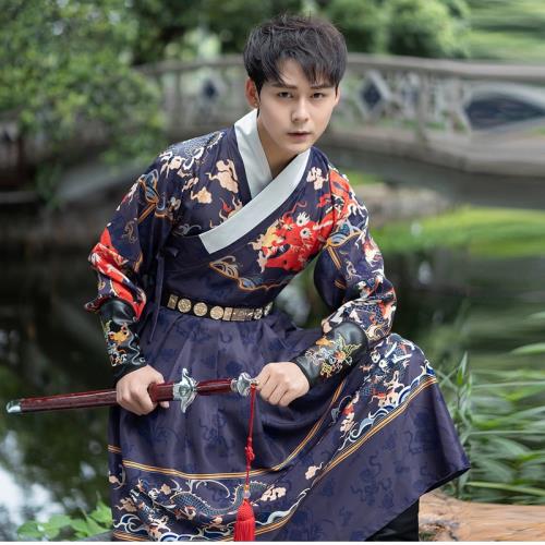新款原創傳統男直袖漢服國風印花藏藍飛魚服霸氣龍紋錦衣衛表演服