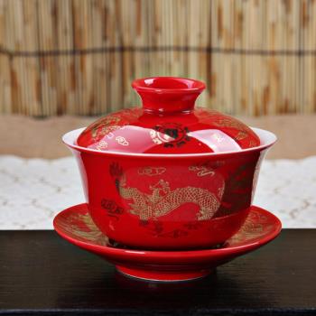 大蓋碗大碗茶青花中國紅白瓷鈞窯玲瓏蓋碗專家多款可選新品特價中