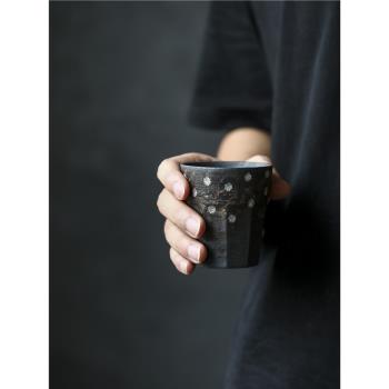 創意陶藝家手作粗陶十方平底手握杯茶杯咖啡杯鎏銀手繪禪黑馬克杯