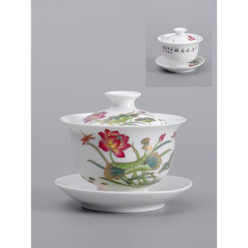 景德鎮陶瓷茶具蓋碗青花瓷器古鎮蓋杯三才碗套裝大號貼花敬茶碗|蓋碗