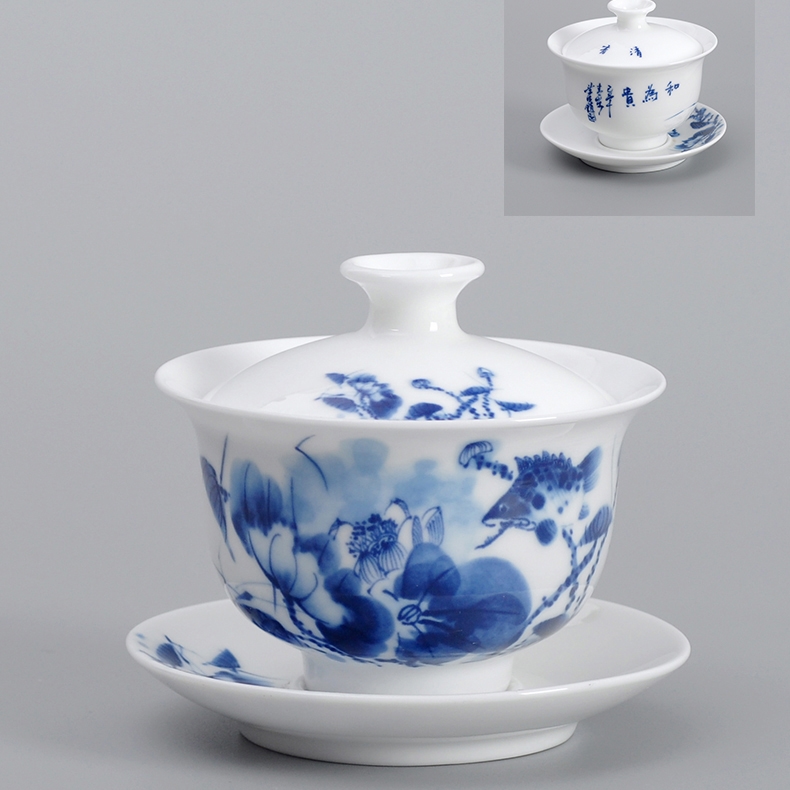 景德鎮陶瓷茶具蓋碗青花瓷器古鎮蓋杯三才碗套裝大號貼花敬茶碗|蓋碗