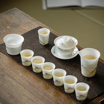 手繪羊脂玉白瓷功夫茶具套裝家用蓋碗茶杯冰種玉瓷陶瓷山水禮盒裝