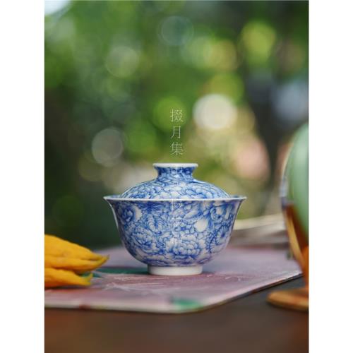 青樵軒萬花蓋碗景德鎮純手繪青花瓷茶具單個重工繪古典仿古主泡器|蓋碗