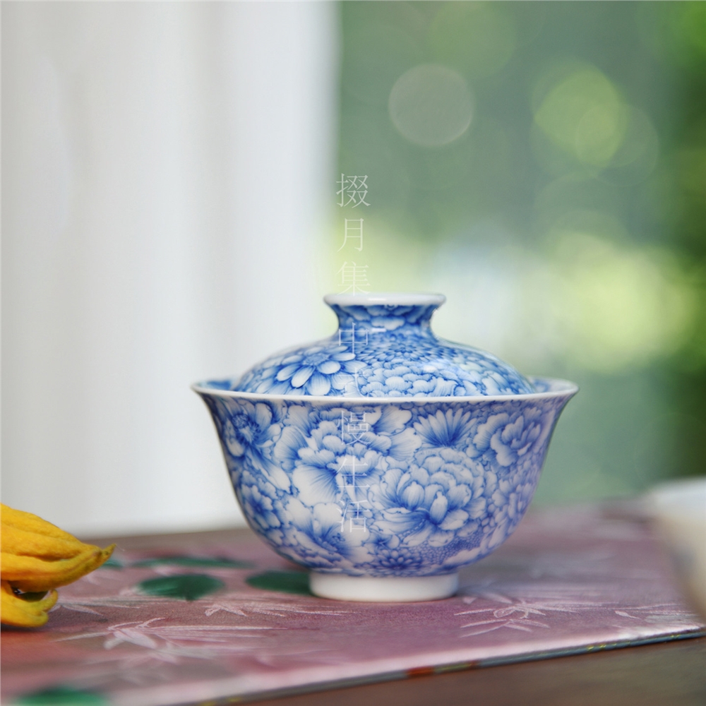 青樵軒萬花蓋碗景德鎮純手繪青花瓷茶具單個重工繪古典仿古主泡器|蓋碗