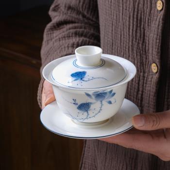 手繪羊脂玉白瓷懸停三才蓋碗茶杯單個大號不燙手茶碗泡茶家用茶具