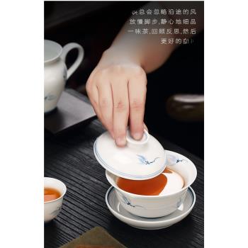 青花瓷白瓷飄花蓋碗茶杯功夫茶具不燙手三才泡茶碗單個景德鎮陶瓷
