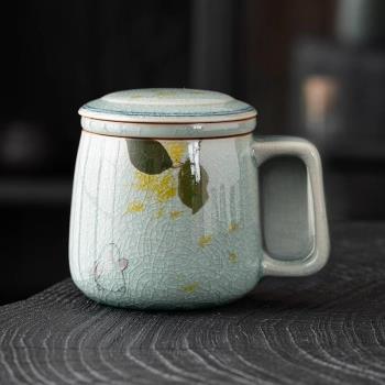 。冰裂紋馬克杯手繪玉兔帶蓋辦公室泡茶杯個人專用茶水分離杯陶瓷