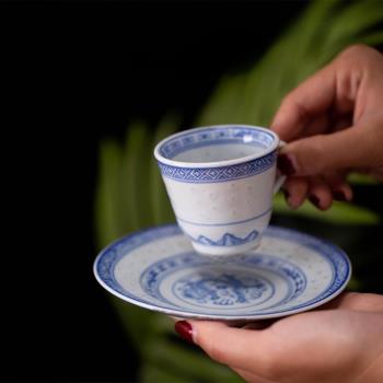 景德鎮文革老廠貨光明瓷廠經典青花玲瓏咖啡茶具杯碟2件套特價