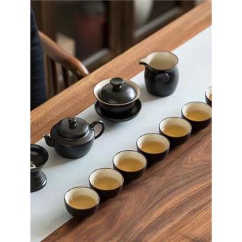 唐月窯亞光黑整套茶具蓋碗純黑復古泡茶杯家用會客廳儒雅高檔禮盒