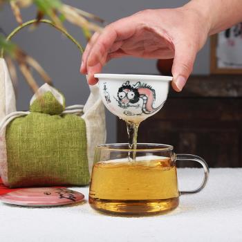 皿喃茶事高顏值手繪游龍個人茶杯玻璃茶水分離辦公杯含陶瓷過濾