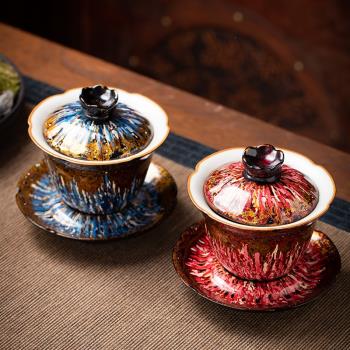 問瓷閣 王順漆器茶具蓋碗大漆汝窯可養蓮花純手工陶瓷三才泡茶碗