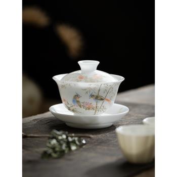 冰種玉瓷蓋碗單個高檔羊脂玉手繪三才茶杯茶具陶瓷茶碗白瓷大號