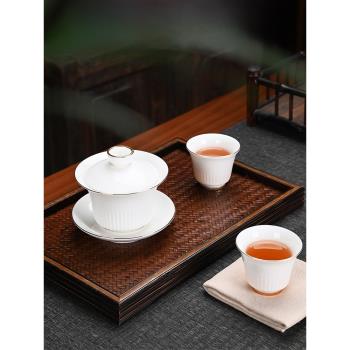 玄紋羊脂玉白瓷單個蓋碗茶杯陶瓷功夫泡茶器家用小套裝三才茶碗
