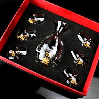 高檔金箔白酒杯套裝玻璃小一口杯家用水晶分酒器烈酒杯6只禮盒裝