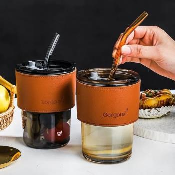 Simple Glass Cup With Lid and Straw Transparent Tea Cup Juic