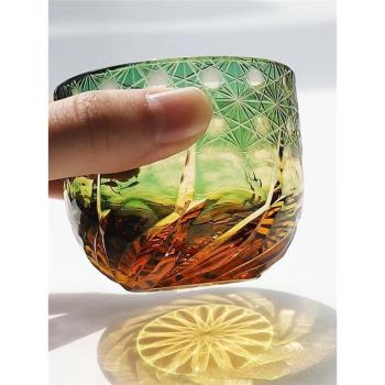 日式江戶切子手工雕刻琥珀水晶玻璃威士忌杯薩摩切子清酒杯白酒杯