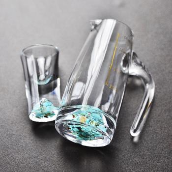 藍冰山水晶玻璃白酒杯套裝刻度分酒器酒壺具家用綠松石烈酒一口杯