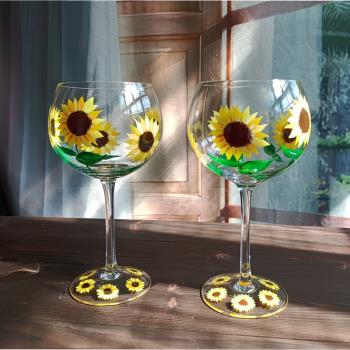中古vintage向日葵高腳杯小眾創意手繪玻璃杯花朵紅酒杯葡萄酒杯