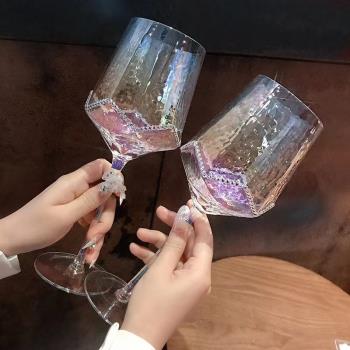 高檔鑲鉆紅酒杯水晶炫彩錘紋鉆石葡萄酒杯復古香檳杯子彩虹高腳杯