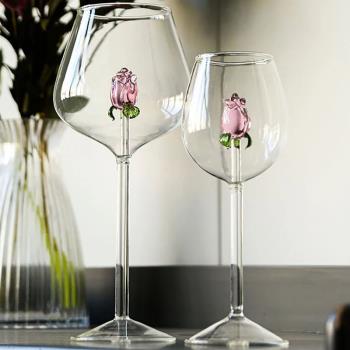 1 Pcs Creative 3D Pink Glass Rose Build-In Red White Wine Gl