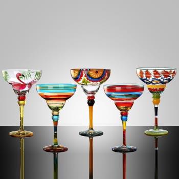 手繪彩色玻璃杯創意雞尾酒紅酒杯瑪格麗特高腳杯酒吧水晶酒具杯子