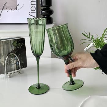 法式ins風復古綠色高腳杯小眾中古香檳杯家用玻璃杯紅酒葡萄酒杯