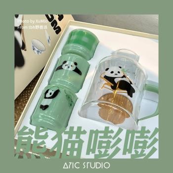 tbh野獸派熊貓嘭嘭玻璃復古水壺套裝井柏然水杯冷熱耐高溫冰水