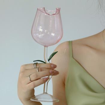玫瑰玻璃高腳杯高硼硅杯紅酒杯高顏值花杯杯結婚禮物