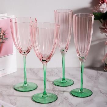 中古紅酒杯復古創意漸變色花朵高腳杯水晶玻璃家用葡萄酒杯香檳杯