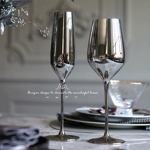 酒杯樣板間擺設紅杯香檳葡萄酒現代無鉛高腳杯電鍍銀色酒具別墅杯