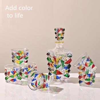 北歐手工創意描繪洋酒杯子彩色家用水晶玻璃復古大號威士忌杯套裝
