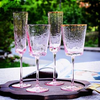 創意錘目紋描金邊粉色灰色水晶玻璃紅酒杯樣板間香檳杯歐式高腳杯