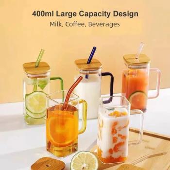 400ml Square Glass Mug With Lid and Straw Breakfast Milk Cup