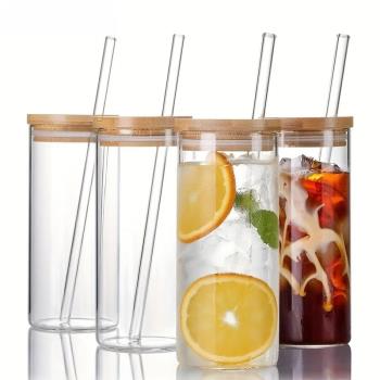 4 Set 600ML Drinking Glasses with Bamboo Lids and Straws Bor