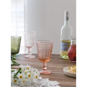 外單 復古浮雕繁花玻璃高腳杯 果汁杯 家用葡萄紅酒杯香檳杯加厚