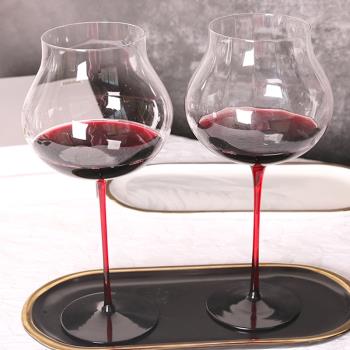 高檔奢華豎紋黑領結勃艮第紅酒杯凹底酒杯家用歐式水晶玻璃高腳杯