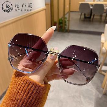 柏盧黎新款無框切邊圓形太陽鏡潮氣質墨鏡女大臉顯瘦眼鏡防紫外線