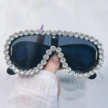 跨境新款大框一體太陽鏡歐美個性鑲鉆奢華嘻哈時尚墨鏡sunglasses