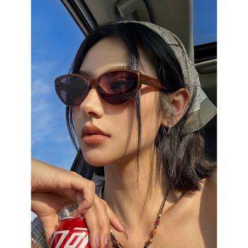 美式復古貓眼墨鏡女款2024新款高階感方圓臉大臉太陽眼鏡茶色橢圓