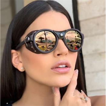 歐美ins網紅時尚眼鏡新款太陽鏡男女圓框鉚釘復古墨鏡sunglasses