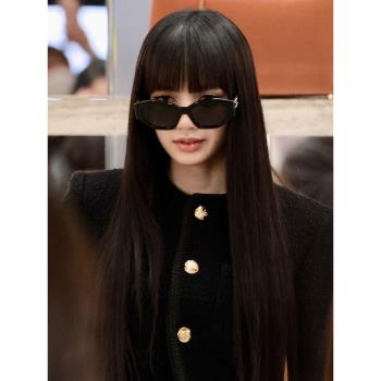 lisa同款貓眼墨鏡女2024新款高階感大臉拍照太陽眼鏡防曬歐美復古
