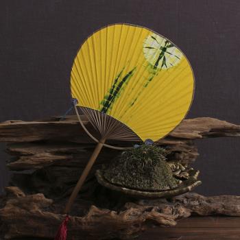 日式團扇圓面扇竹柄和風復古納涼扇老竹手工蠟染布面扇子.