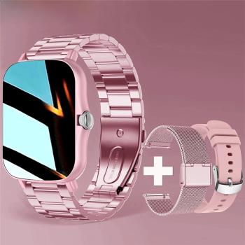 +2pc Straps Smart Watch Women Men Smartwatch Square Stainles