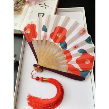小扇子日式和風棉布摺扇子折疊小貓咪山茶花貝殼扇隨身便攜古風夏