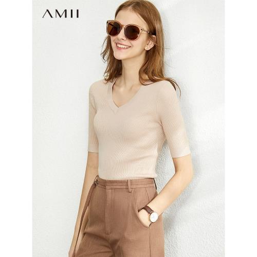 Amii極簡針織衫女2025夏新款修身內搭顯瘦桃心V領打底衫中袖上衣
