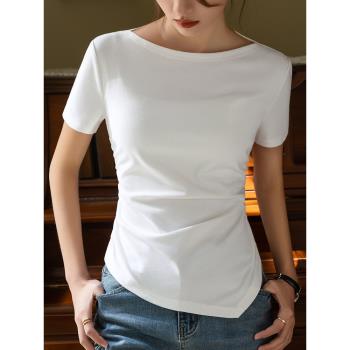 不規則短袖T恤女夏季2023新款白色設計感小眾一字領別致收腰上衣